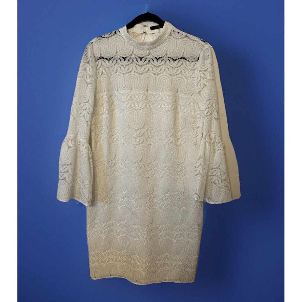 Trina Turk || Lace Illusion Shift Dress with Bell Sleeves White Bridal 10